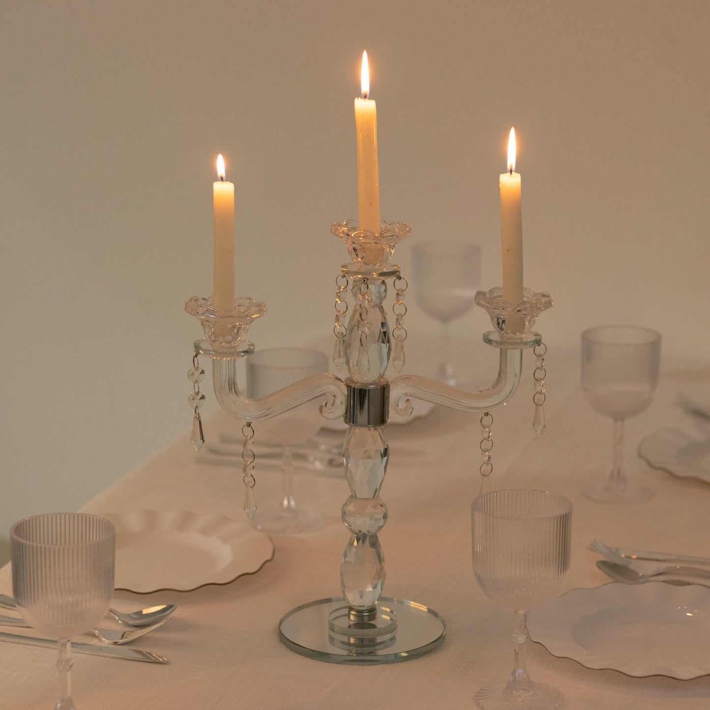 Efavormart Crystal 3-Arm Candelabra Taper Candle Holder with Hanging Prisms & Round Mirror Base – Faceted Cut Glass Design - 14" Tall
