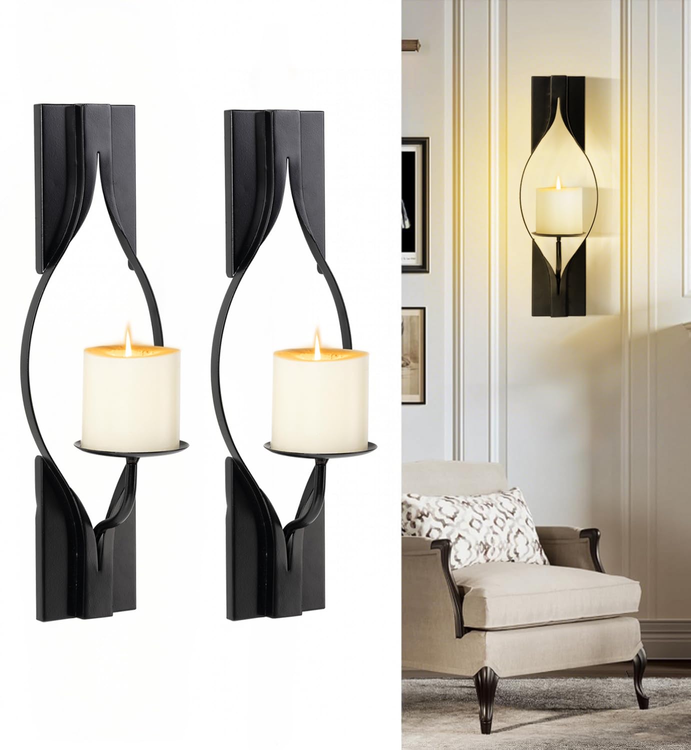 Wall Candle Sconces Set of 2, Decorative Metal Candle Holder for Living Room, Farmhouse, Fireplace (Matte Black)