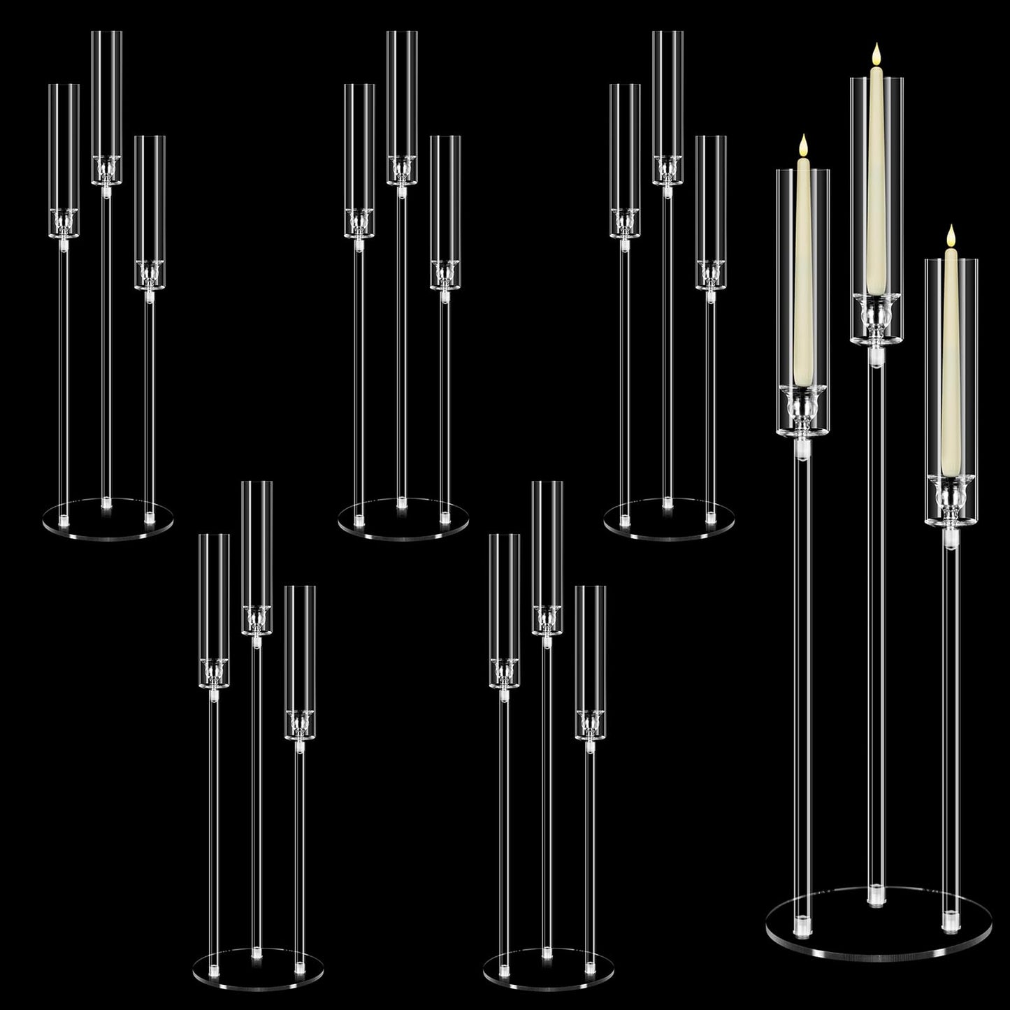 6 Set 3 Arms Acrylic Candelabras with Shades, 42" Floor Candelabra Centerpieces for Wedding Decorations,Clear Candle Holder for Table Decoration,Dinner Party,Candlesticks Holder Fits 0.87“LED Candle