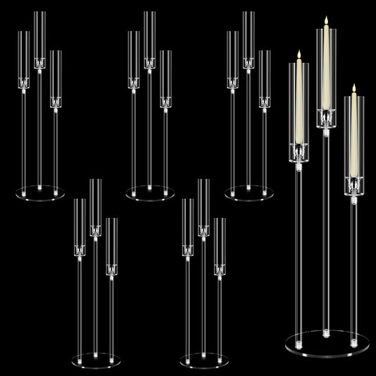6 Set 3 Arms Acrylic Candelabras with Shades, 42" Floor Candelabra Centerpieces for Wedding Decorations,Clear Candle Holder for Table Decoration,Dinner Party,Candlesticks Holder Fits 0.87“LED Candle