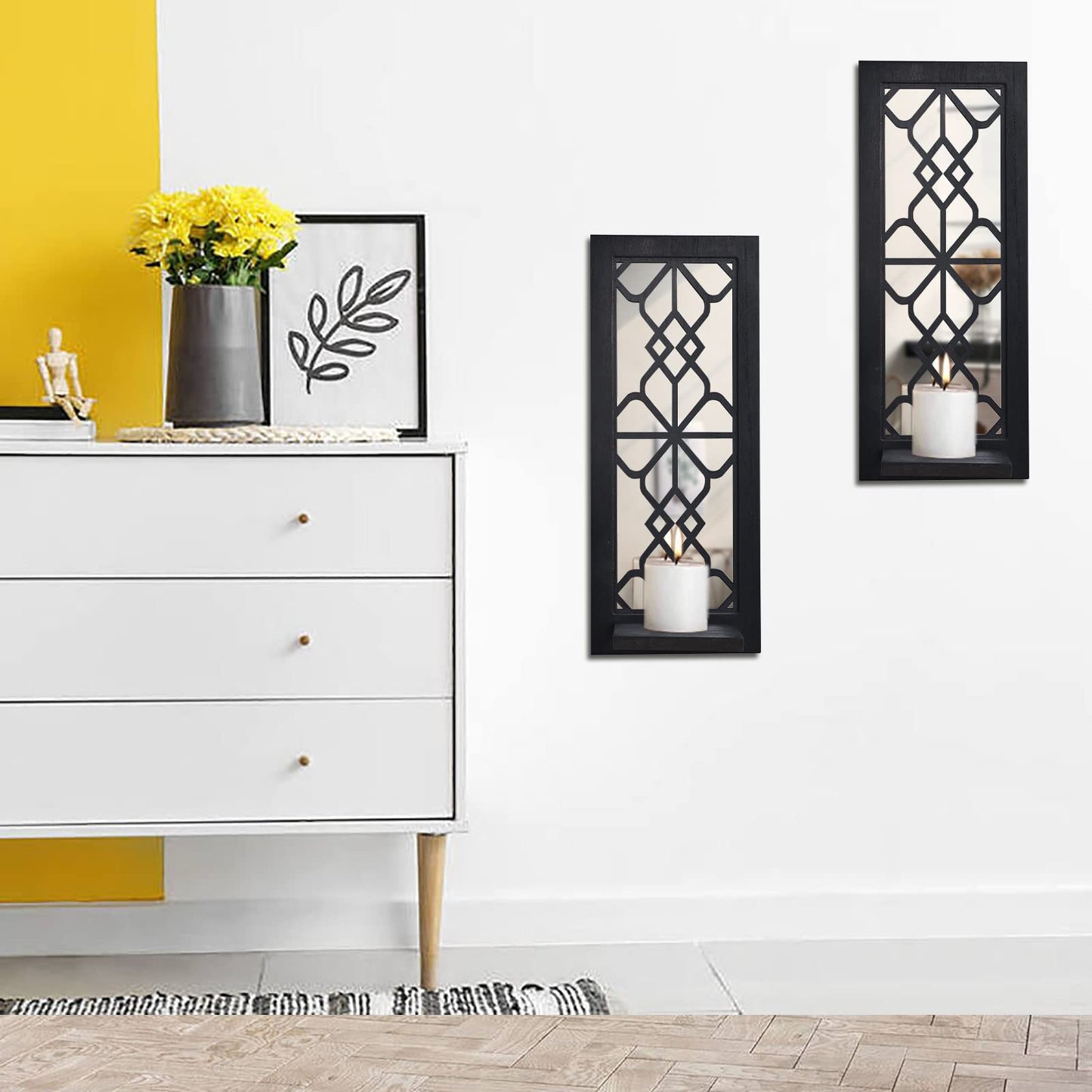 ZEXUIRU 2 Set Rustic Candle Sconces Living Room Bedroom Entryway Wood Mirrored, Farmhouse, Carved Frame Wall-Mount Wooden Candle Holders Wall Decor Hanging Handmade Holder - Black