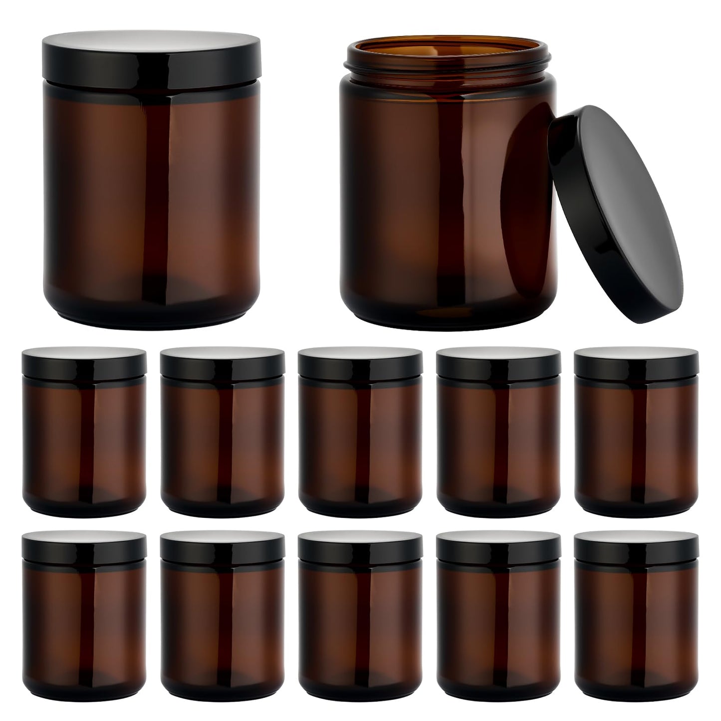 Hoa Kinh 8oz Amber Glass Jars with Lids - 12Pack Empty Airtight Storage Containers for Candle Making, Cosmetic, Spices, Crafts, Food - Refillable, UV Protection, Black Plastic Lid