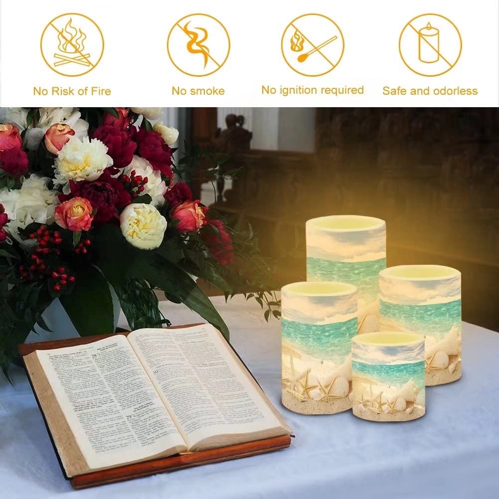 NETILGEN Beach Starfish Seashell Flameless Light Candles Battery Powered with Timer Remote Color Chaging Pillar Candle with Warm Yellow Color Changing Light Pack of 4