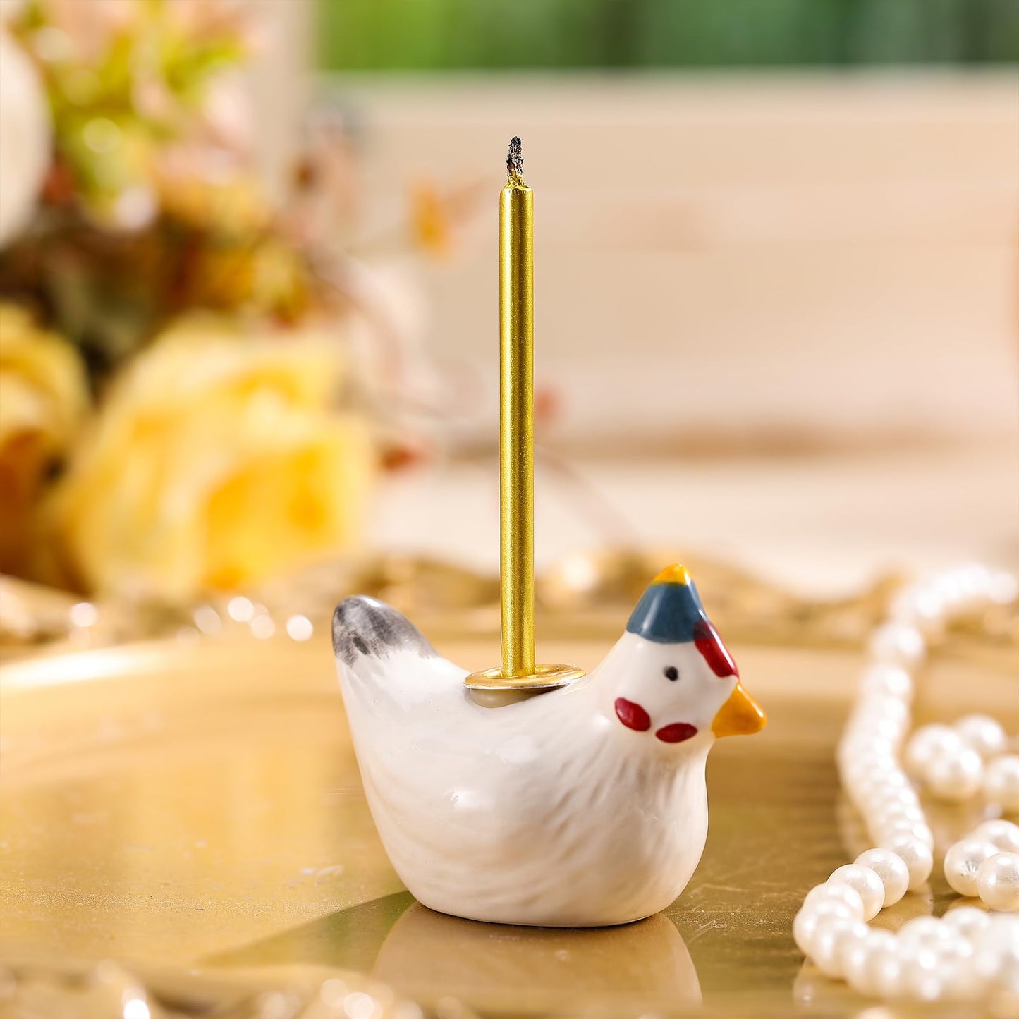 Honeydak Ceramic Chicken Cake Decoration Snowy White Hen Candle Holder Chicken Birthday Cake Topper Handcrafted Hen Farm Figurine for Party Decor