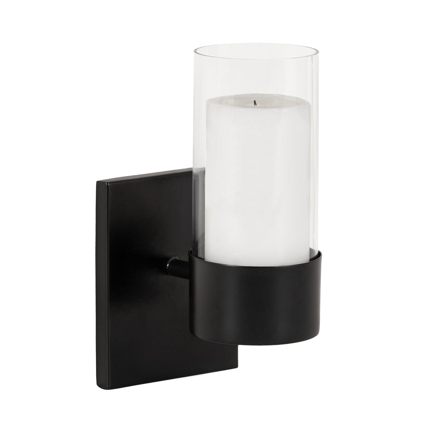 Kate and Laurel Zabler Modern Metal Wall Sconce; 5 x 6 x 10; Black; Round Candle Holder with Removable Glass Cylinder for Flameless Candle Display in Bedroom or Bathroom