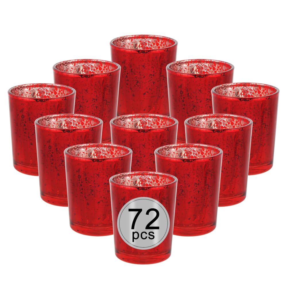 BTGLLAS 72pcs Red Glass Tea Light Holders - Votive Candle Holders Bulk for Weddings Events - Glass Votives for Wedding Centerpieces, Christmas, Thanksgiving - Candle Accessories Decor (72, Red)