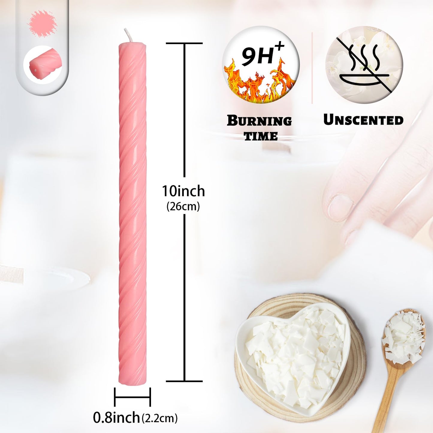 Dripless Spiral Taper Candles Unscented Pink Smokeless Long Dinner Candles 10 Inch Long Lasting Burn Candlesticks for Home Decoration Women Gifts(2Pcs)