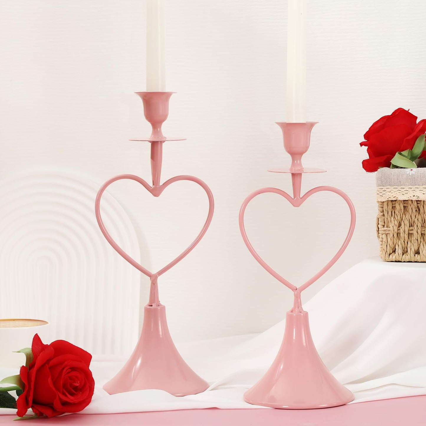 JarThenaAMCS 2Pcs Valentine's Day Taper Candle Holder Pink Heart Tall Metal Candle Stick Holder for Wedding Anniversary Party Table Centerpiece Decoration