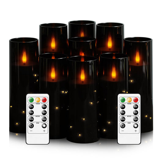 kakoya Flameless LED Candles with Timer 9 Pc Flickering Flameless Candles for Romantic Ambiance and Home Decoration Stable Acrylic Shell,with Embedded Star String,Battery Operated Candles（Black）