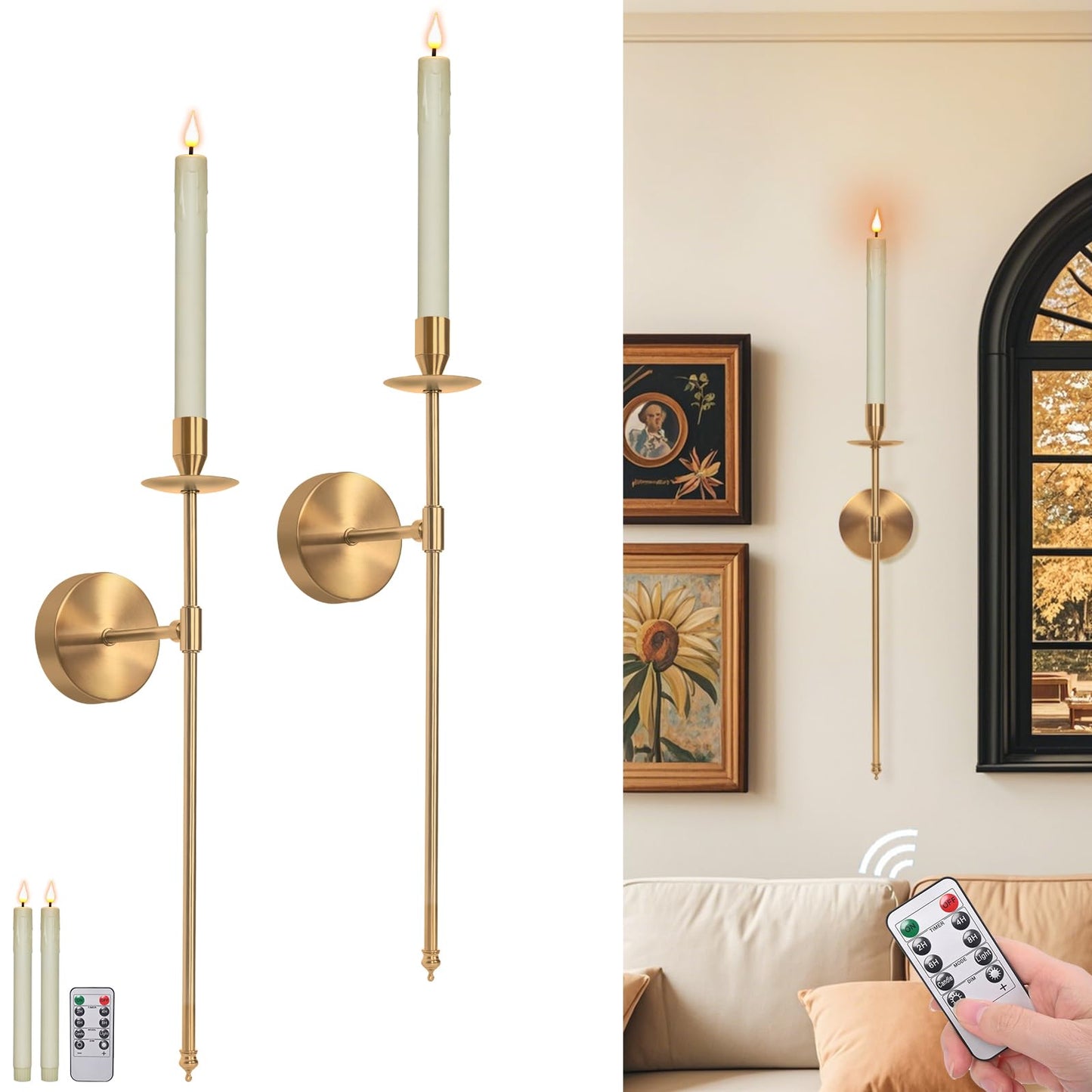 Yollzey Candle Holder Wall Sconces Set of 2 with Battery Operated Candles and Remote Control, Wall Sconces Home Decor, Battery Candles Candle Sticks Holder with Flameless Flickering Taper Timer Gold