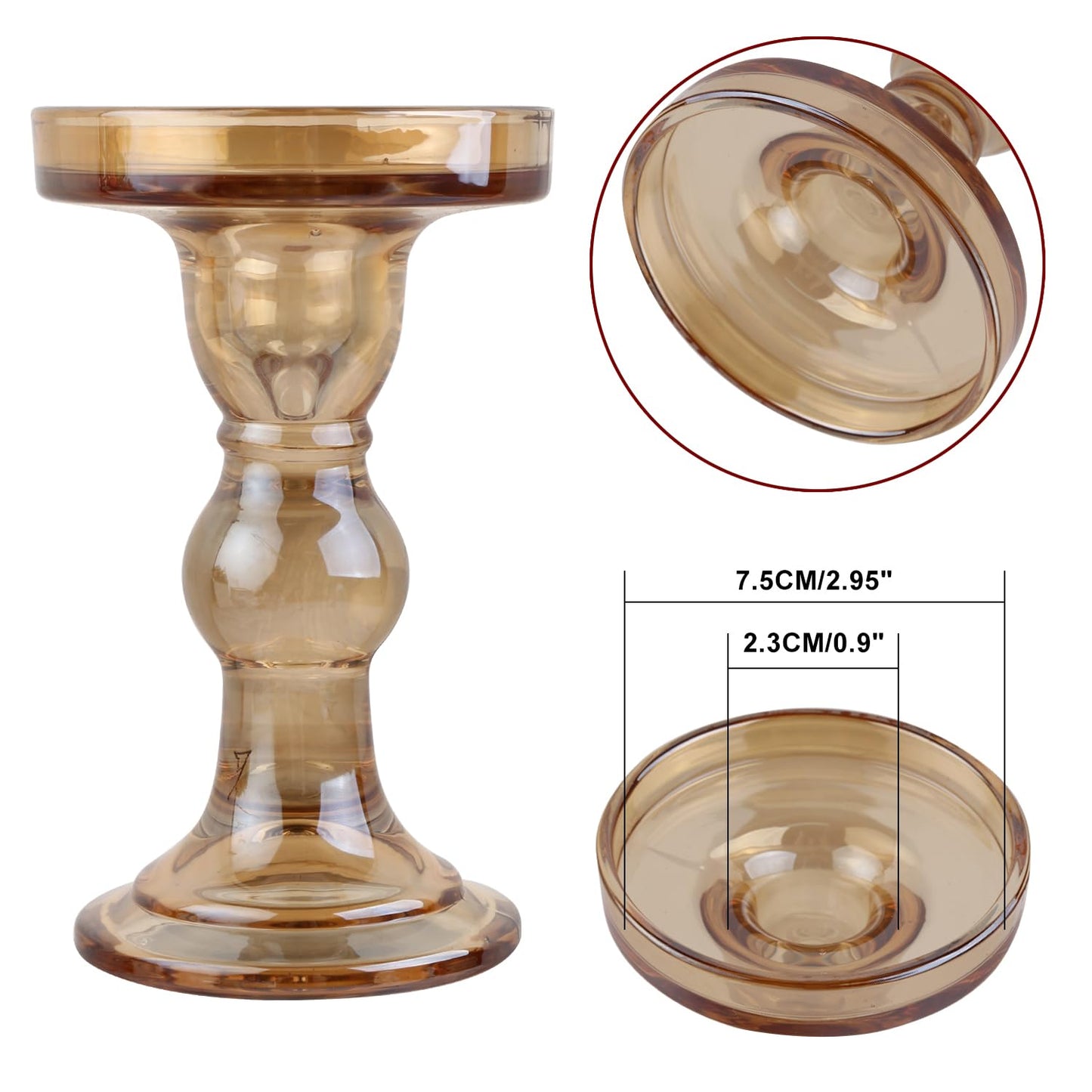 BTGLLAS 3-Piece Set of Amber Glass Candlestick, Crystal Candlestick Holder Holder and Conical Candle, Christmas Candle Holder Decoration, Family Living Room Wedding Candle Holder (Amber)