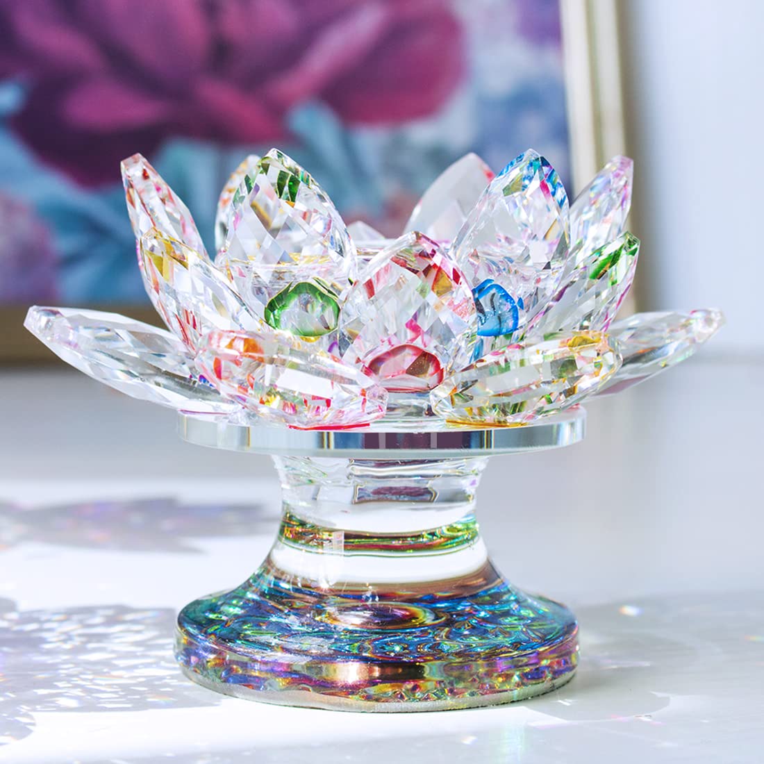 H&D HYALINE & DORA Colorful Crystal Lotus Flower Candle Holder Tealight Holders (4.5inch-Multi)