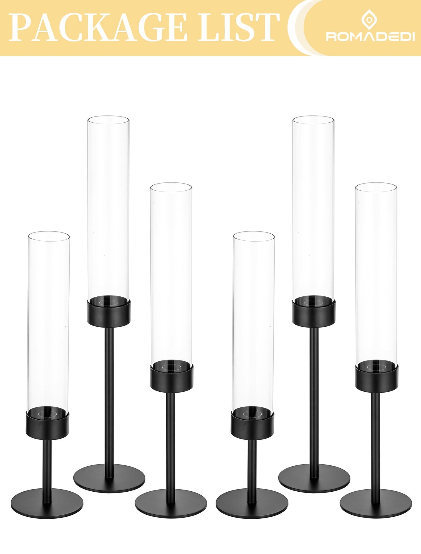 Romadedi Black Candlestick Holders Hurricane - Metal Taper Candle Holder Bulk Tall Windproof Glass Cylinder for Indoor Outdoor Table Centerpiece Christmas Halloween Modern Home Decor Set of 6