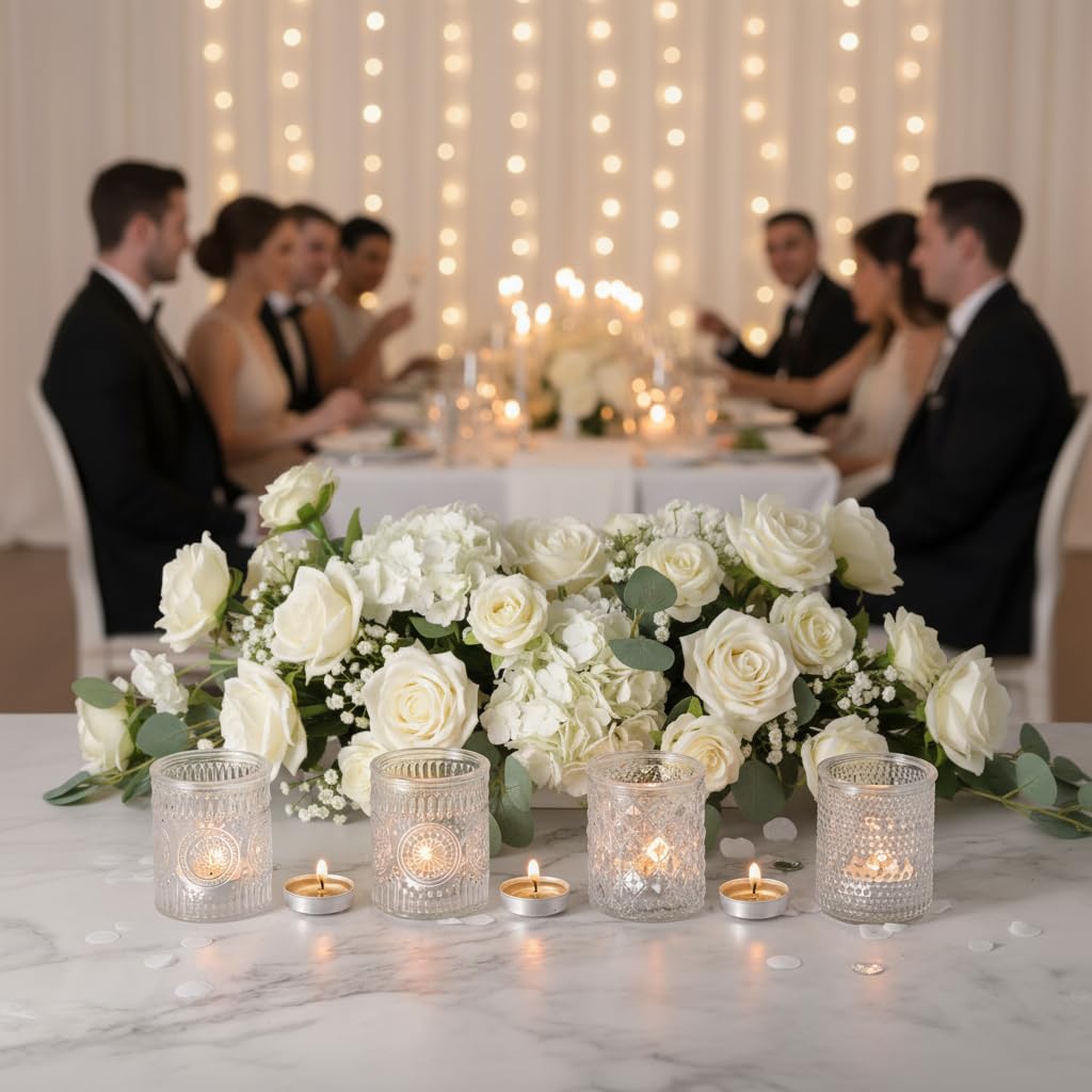 LETINE 16 Pcs Clear Glass Votive Candle Holders, Set of 4 Assorted Embossed Patterns, Tealight Candle Holders Bulk for Spring Summer Wedding Table Centerpieces, Valentine's Day & Party Decorations