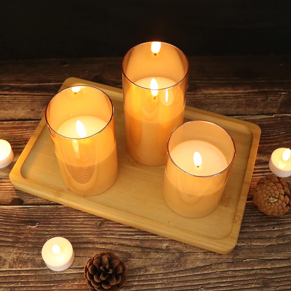 GenSwin Glass Flameless Candles Battery Operated with Remote Timer, LED FLameless Flickering 3D Wick Pillar Candles Real Wax for Festival Wedding Christmas Home Party Decor(Gold, Pack of 3)