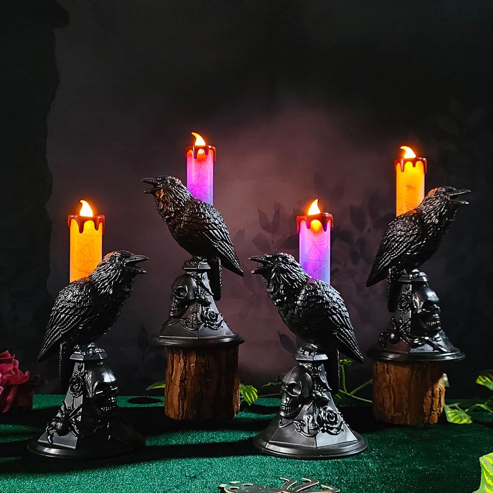 2Pack/Set LED Raven Halloween Flameless Candles, Black Crow Skull Statue Candlestick, Purple and Orange Glowing Light Flickering Candle Holder Halloween Table Lamp Scary Ornaments Home Decorations