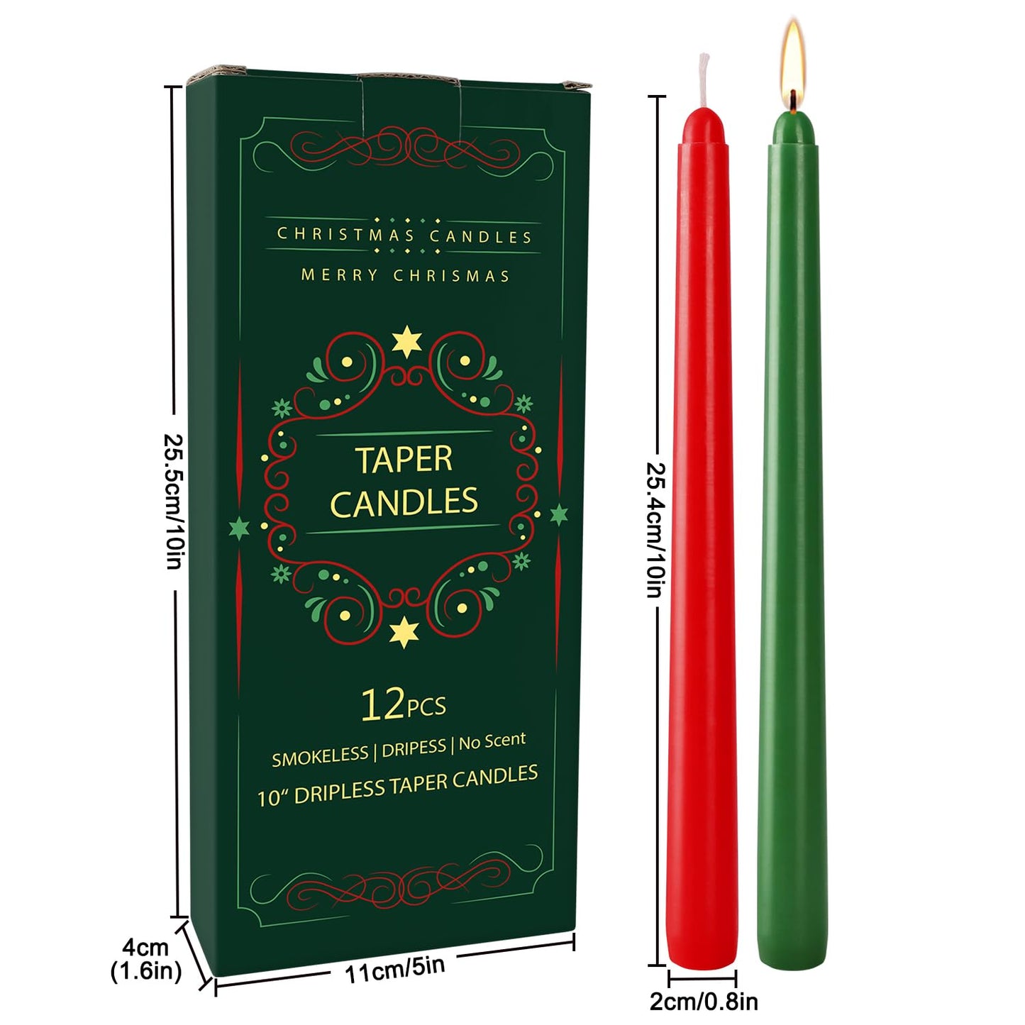 12-Pack 10-Inch Green & Red Christmas Taper Candles - Perfect for Holiday Decorations and Parties