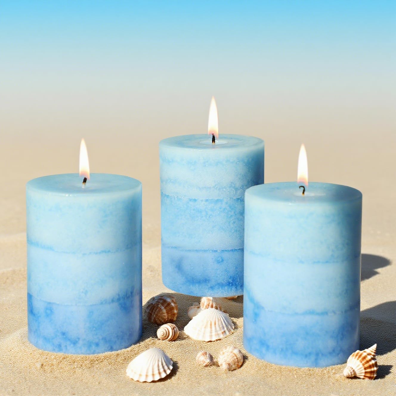 Petristrike Blue Pillar Candles for Home Scented, Set of 3 Strong Ocean Fragrance Scented Candles, 50+ Hrs Long Burning Candles Set
