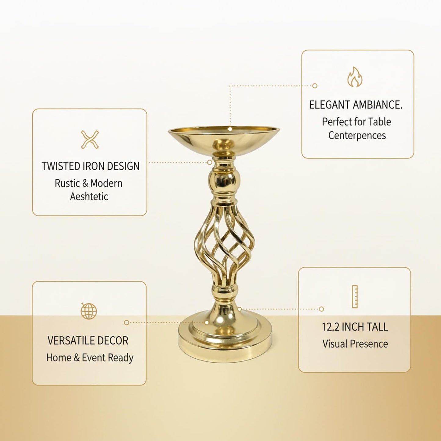 Iron Candlestick Holder, Twisted Metal Design with Gold Finish for Table Centerpieces and Home Decor (1 PC)