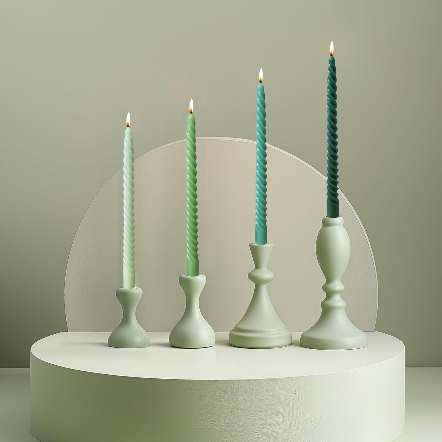 MAITREYA Olive Spiral Taper Candles - Conical Stick Handmade Twisted Candles, Set of 4 for Decoration, Weddings, Party, Church - Unscented, Dripless, 7.5 inch
