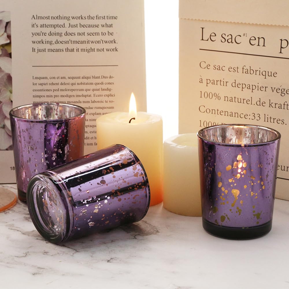 BTGLLAS Purple Mercury Glass Tea Light Holders Set of 36 - Elegant Votive Candle Holders for Weddings, Showers and Home Decor - Perfect for Table Centerpieces and Parties (Glass, Purple)