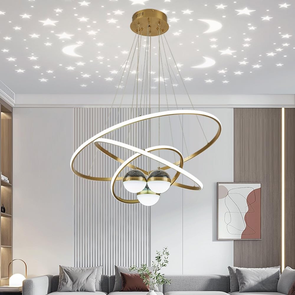 LOVEDIMA Modern Gold 3-Light LED Chandelier with Remote Control, Starry Sky Projection,3 Color Temperatures,Dimmable Globe Ceiling Light for Bedroom,Dining Room, Living Room