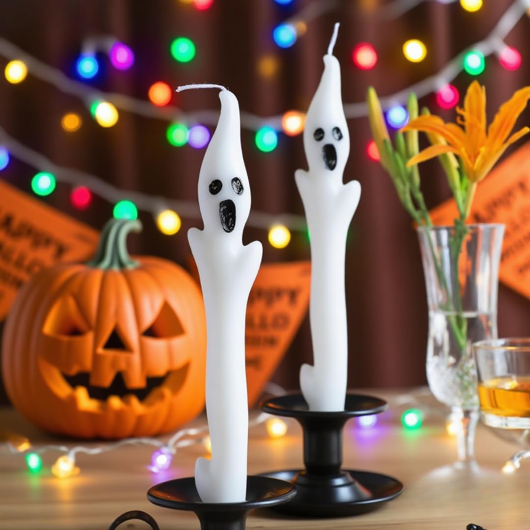 Halloween Ghost Candles Set, Cute Spooky White Taper Candles with Ghost Face for Halloween Decorations, Haunted House, Party Table Centerpiece, Gothic Home Decor, Trick or Treat Supplies (2PCS)