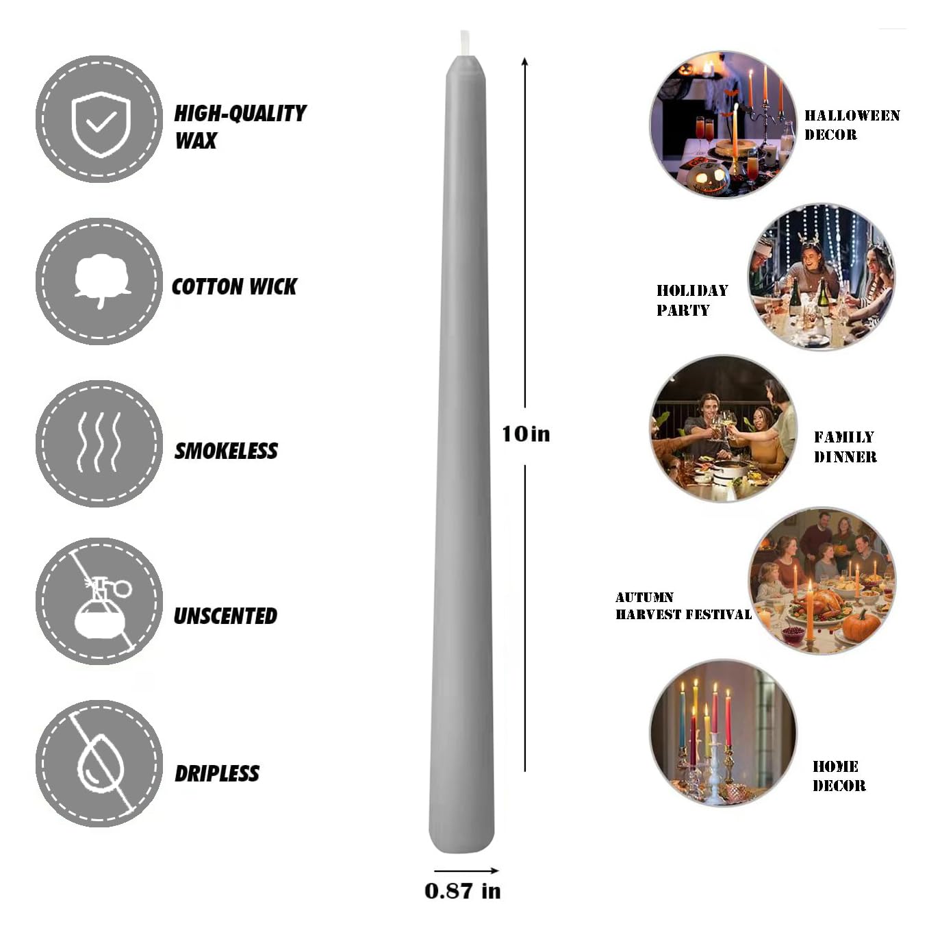 10-Inch Gray Taper Candles, 12 Pack Unscented and Dripless Candlesticks, Long-Lasting Burn Time of 7-8 Hours, Perfect for Home Décor, Weddings, and Events
