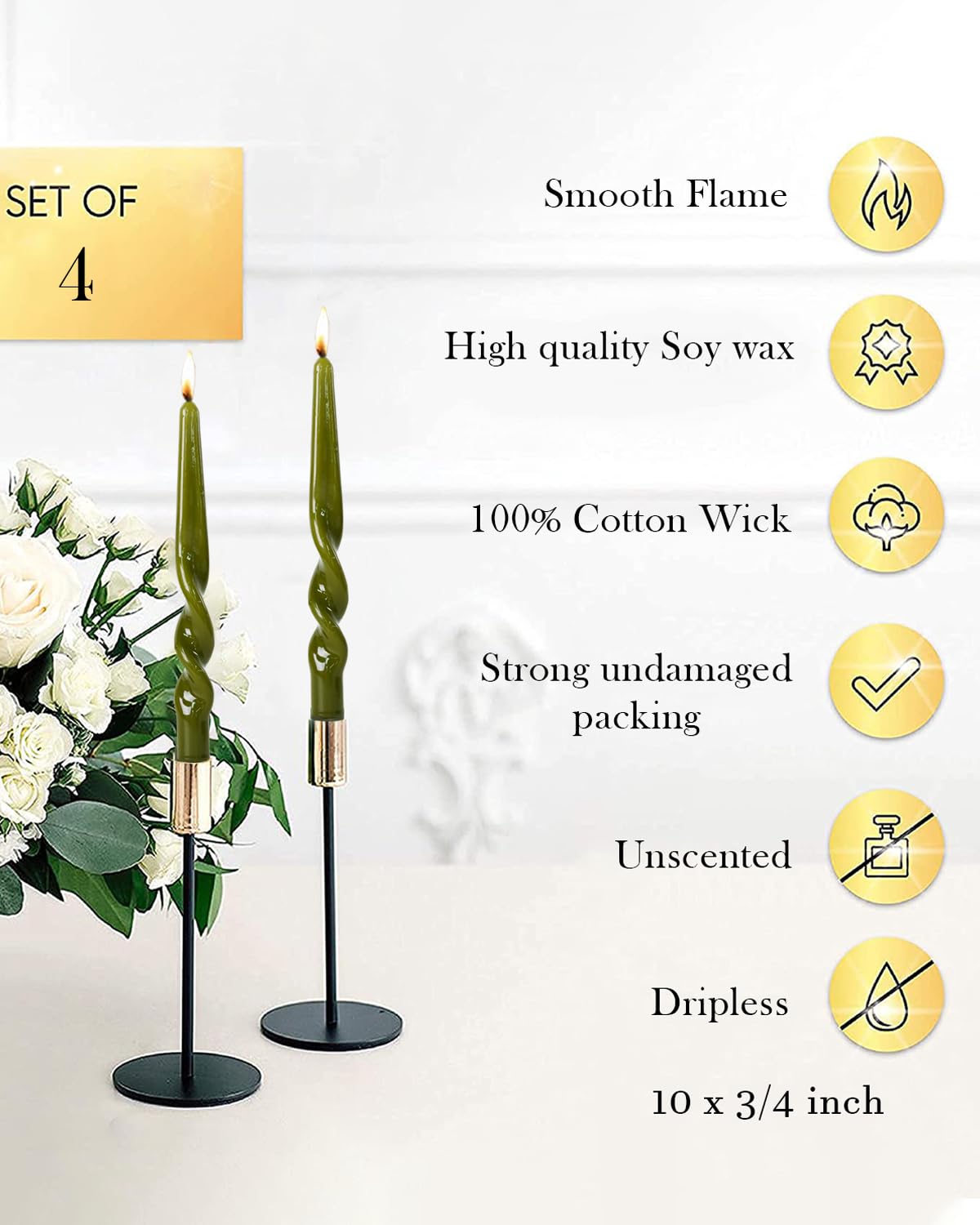 LPUSA Olive Green Spiral Taper Candles Handmade Twisted Candle Conical Stick Candles for Holiday Wedding Party Wax Unscented Dinner Candle Dripless,Christmas Gift H 10 Inch, 4pcs（Olive Green）