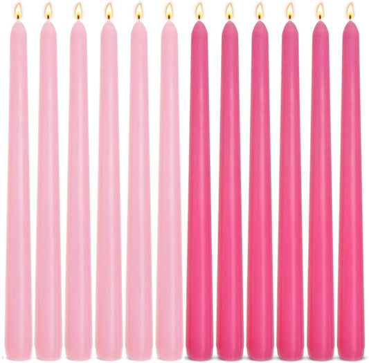 6-Pack Hot Pink and 6-Pack Pink Taper Candles, 10 Inch Unscented Dripless Candlesticks, Long-Lasting Burn Time of 7-8 Hours, Perfect for Home Décor Wedding Dinner
