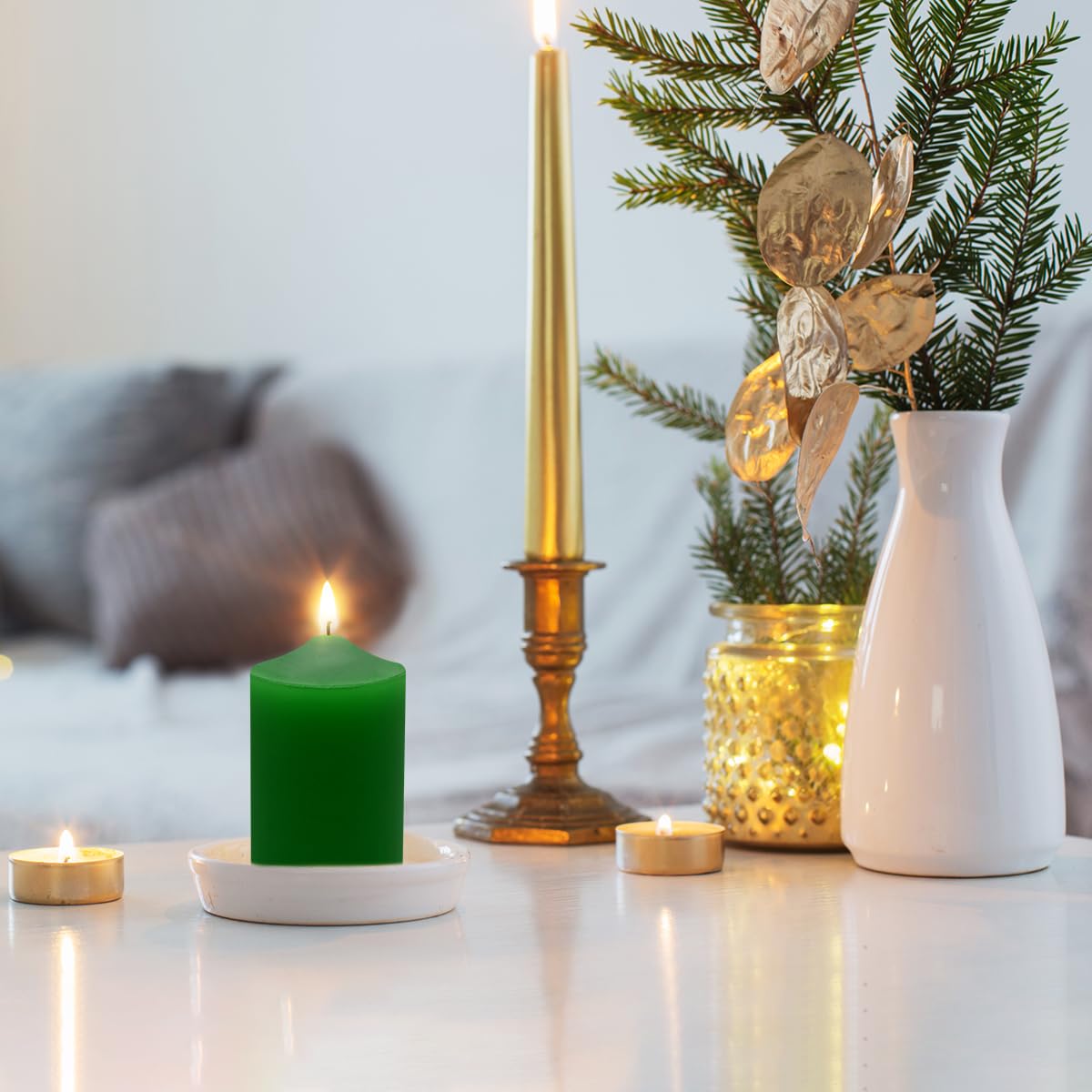 Small Green Pillar Candles, Unscented Dripless 2x3 Inch Tapered Column Candles for St. Patrick's Day, Home, Party, Dinner Table, 24 Hours Burning, Set of 8