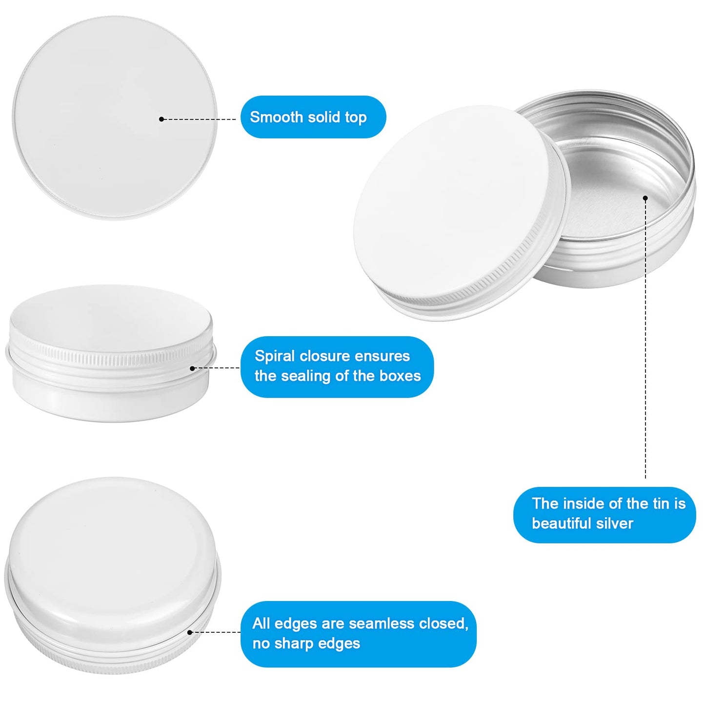 Patelai 2 oz White Metal Round Tins Aluminum Tin Cans Salve Tins Containers with Screw Lid 10 Sheets Stickers for Salve Spice Candies Balms Candles, 36 Pack (Classic Style)
