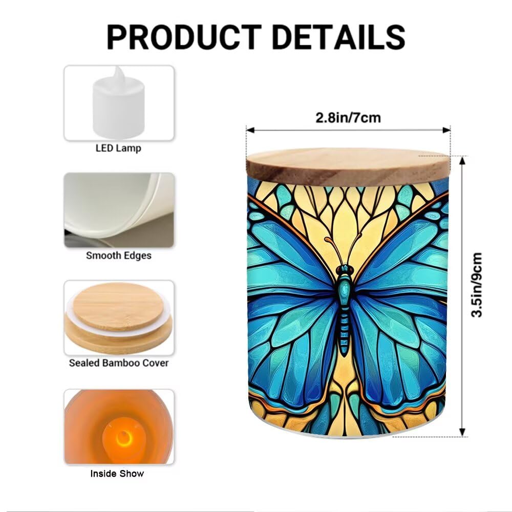 Stained Glass Butterfly Home Decoration Tea Light Candle Jar Candlesticks, LED Tealight Candleholder, Blue Flowers Tealight Candle Holders with Bamboo Lid for Table Centerpiece Party Decor