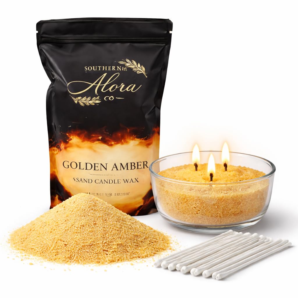 Candle Sand with 10 Wicks – 1 LB Refillable Candle Wax for DIY Candles, Wedding Centerpieces, Home Decor, Candle Making Kit, Candle Sand with Wicks – Golden Amber
