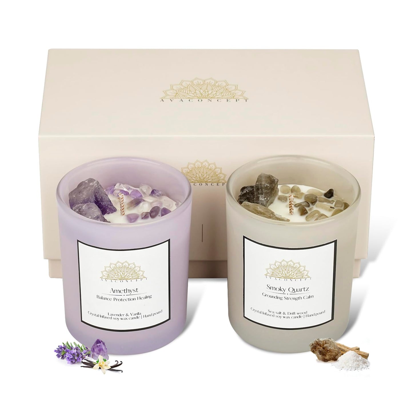 AvaConcept Healing Crystal Candle Gift Set – Amethyst & Smoky Quartz | Hand-Poured Soy Wax Candles Lavender Vanilla & Sea Salt Driftwood Aromatherapy Natural Crystals Infused Set of 2/5.3oz Each