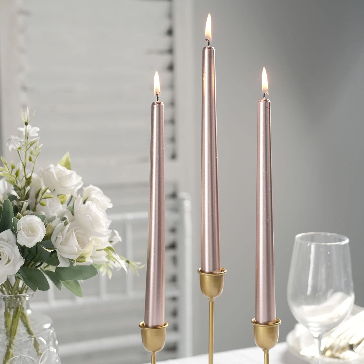 Tableclothsfactory 10" Tall Premium Quality Dripless Unscented Rose Gold Taper Candles Wedding Dinner Candles Set of 12