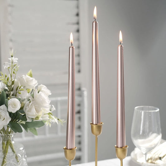 Tableclothsfactory 10" Tall Premium Quality Dripless Unscented Rose Gold Taper Candles Wedding Dinner Candles Set of 12
