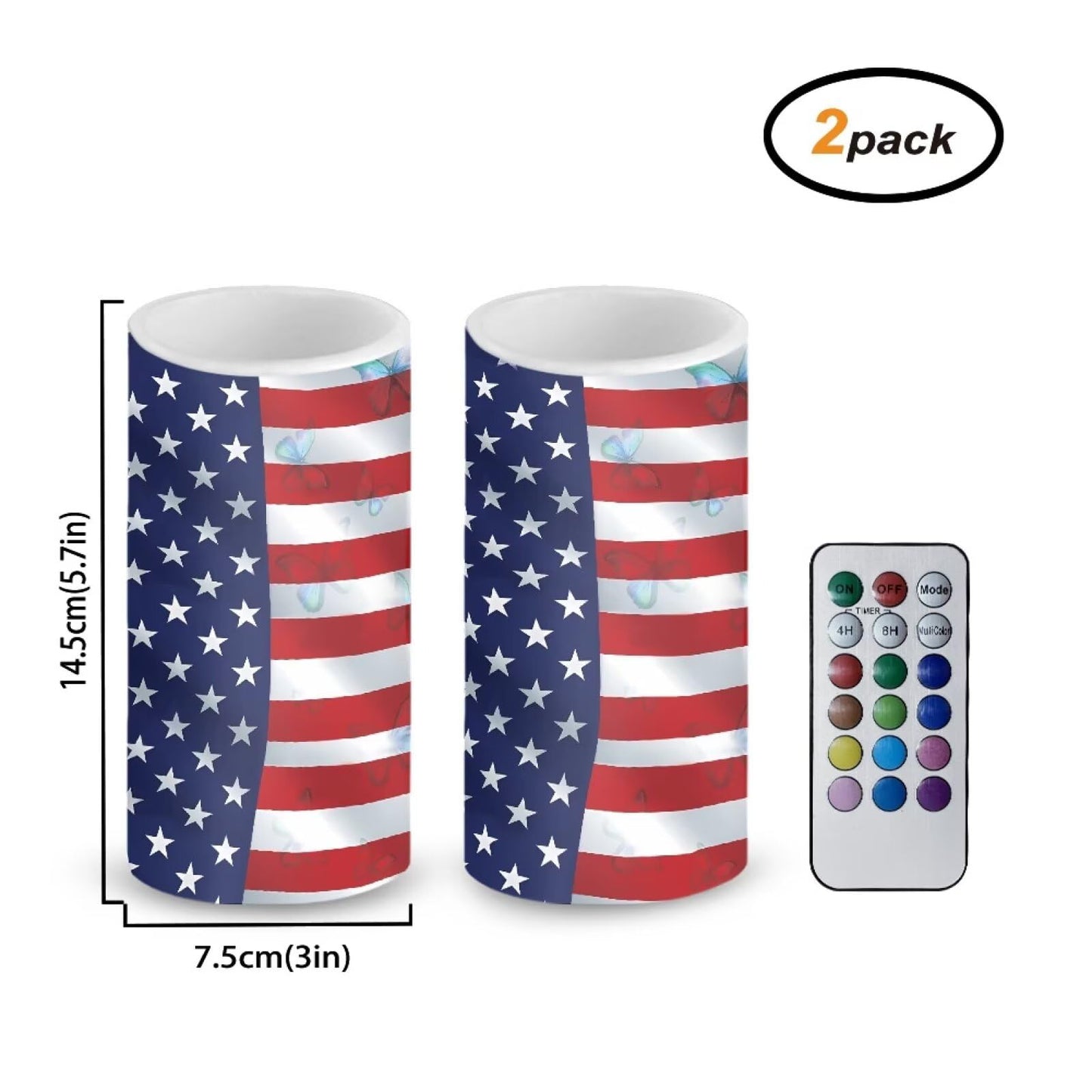 Luarisgur Flameless Candles LED American Flag Decorative Candles Butterfly Print Battery Operated Ornage Flickering Candles with 18-Key Remote Timer Pillar for Home Living Room Party Table Decorations