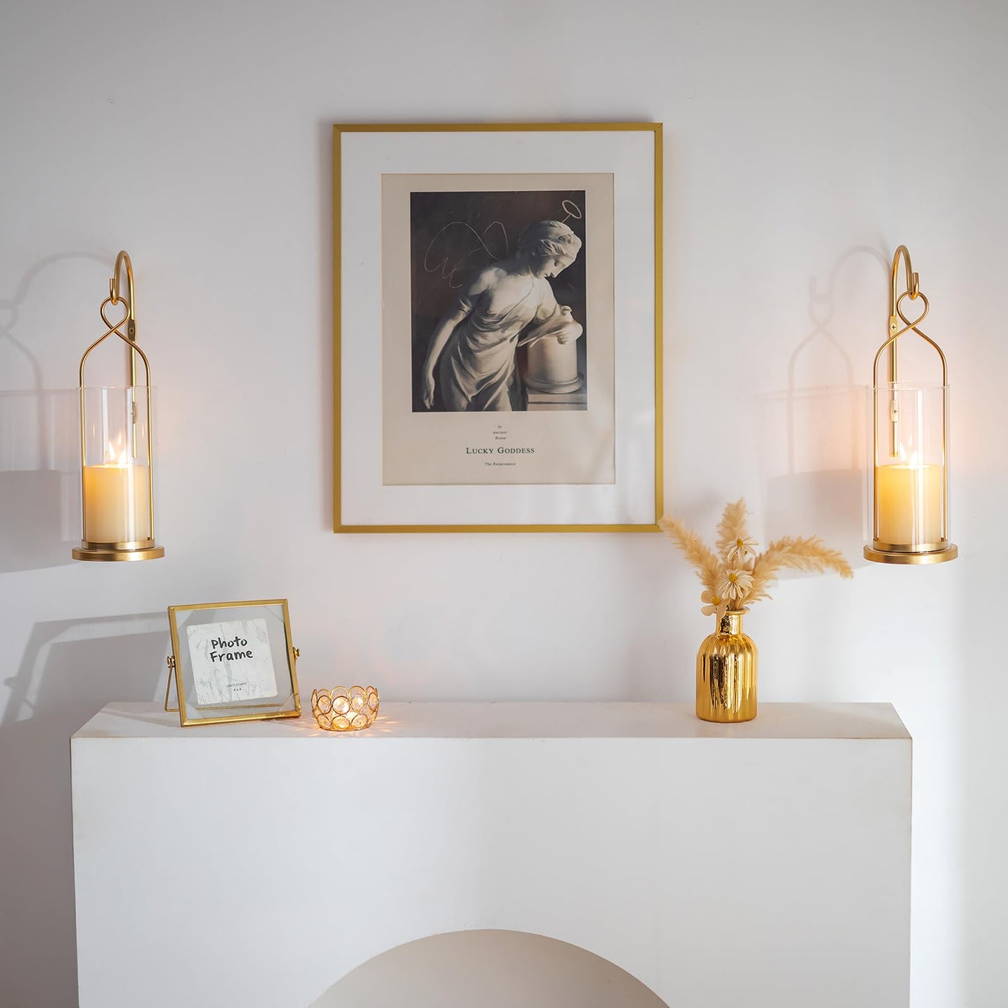 Walasis Gold Candle Sconces Wall Decor: Set of 2 Wall Candle Holder for Pillar Candles - Modern Metal Hurricane Lantern Decoration for Indoor Porch Fireplace Bathroom Living Room