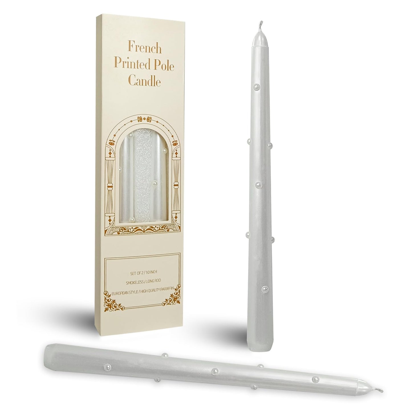 Metallic Pearled 3D Taper Candles - 10 Inch Handmade Drip Candles, Set of 2 for Wedding Home Holiday Decor & Gifts