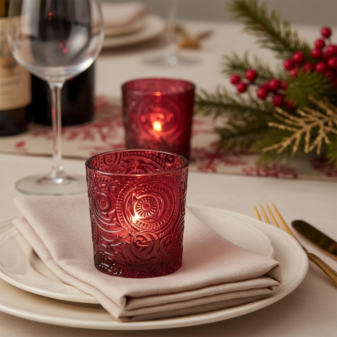 6 Pack Patented Sun Moon Star Embossed Glass Tea Light Candle Holders - Unique Votive Candle Holders for Wedding, Party, and Table Centerpieces (Wildberry Red)