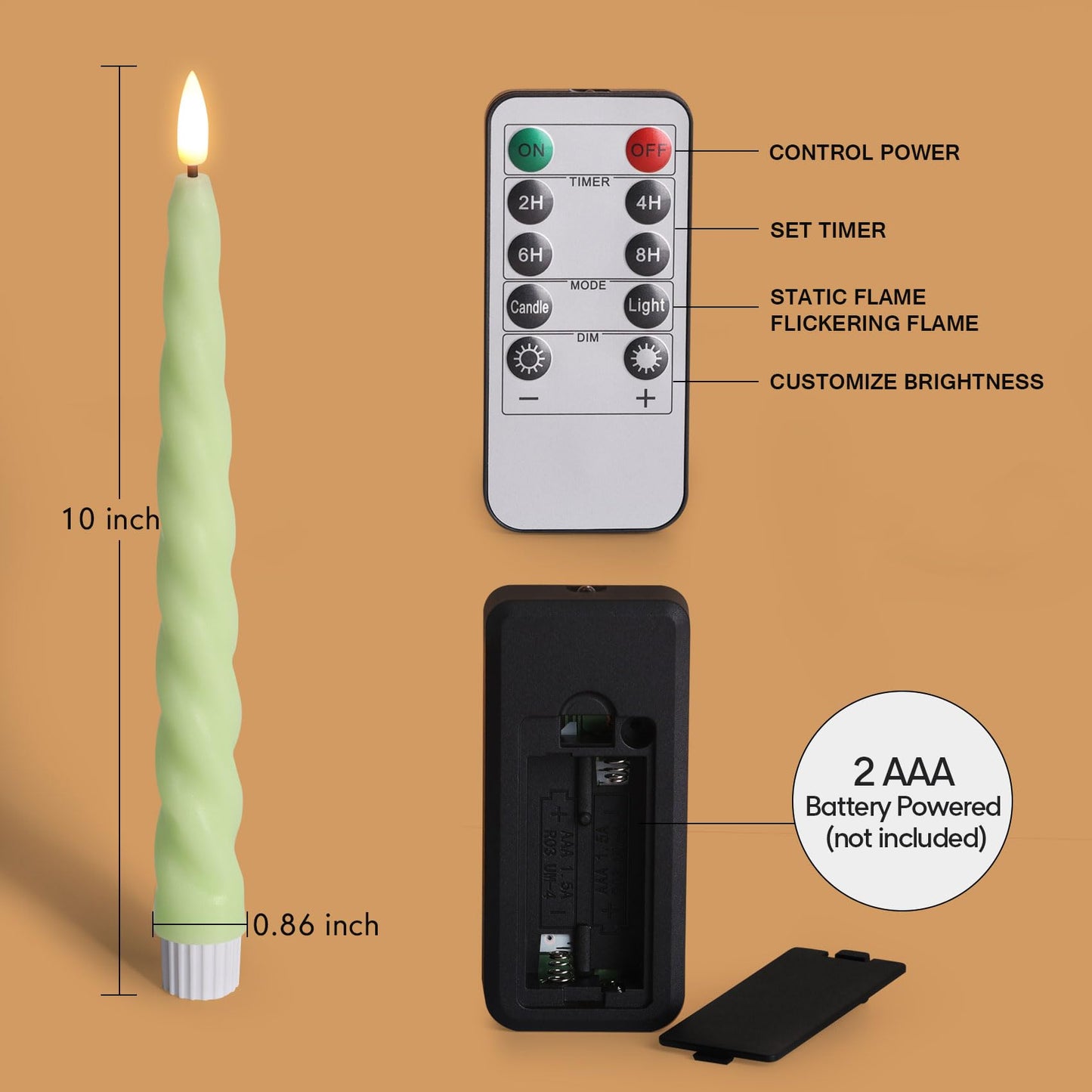 Girimax Spiral Green Flameless Taper Candles with Remote, Flickering Battery Operated LED Wax Candlesticks Spring Summer Home Decor Set of 6