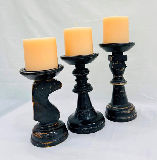 Wooden Black Candle Holders for Pillar Candles Farmhouse Wood Candle Holder Table Centerpiece Decor, Candle Holders Shaped Like Chess Pieces (Set of 3) 6.5X7X8 Inch,