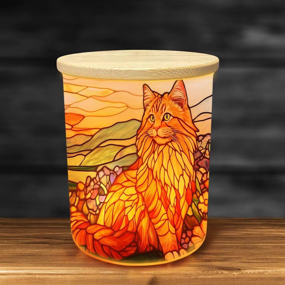 Stained Glass Cat Tea Light Candle Holders, Country Wildflowers Tealight Candle Holder Jar with Wooden Lid, Pastoral Votive Candlesticks for Table Centerpieces, Christmas,Birthday Party