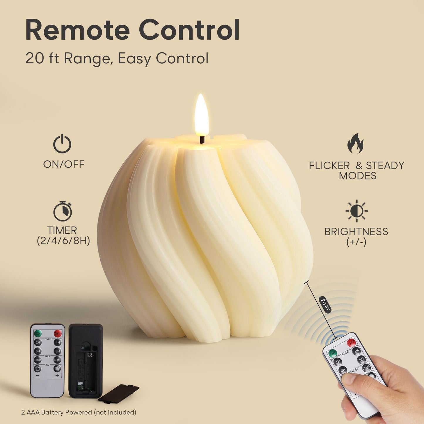 Girimax Cream White Swirl Flameless Candles with Remote, Aesthetic Twirl LED Pillar Candle Housewarming Gift Home Shelf Decor 1 Pack