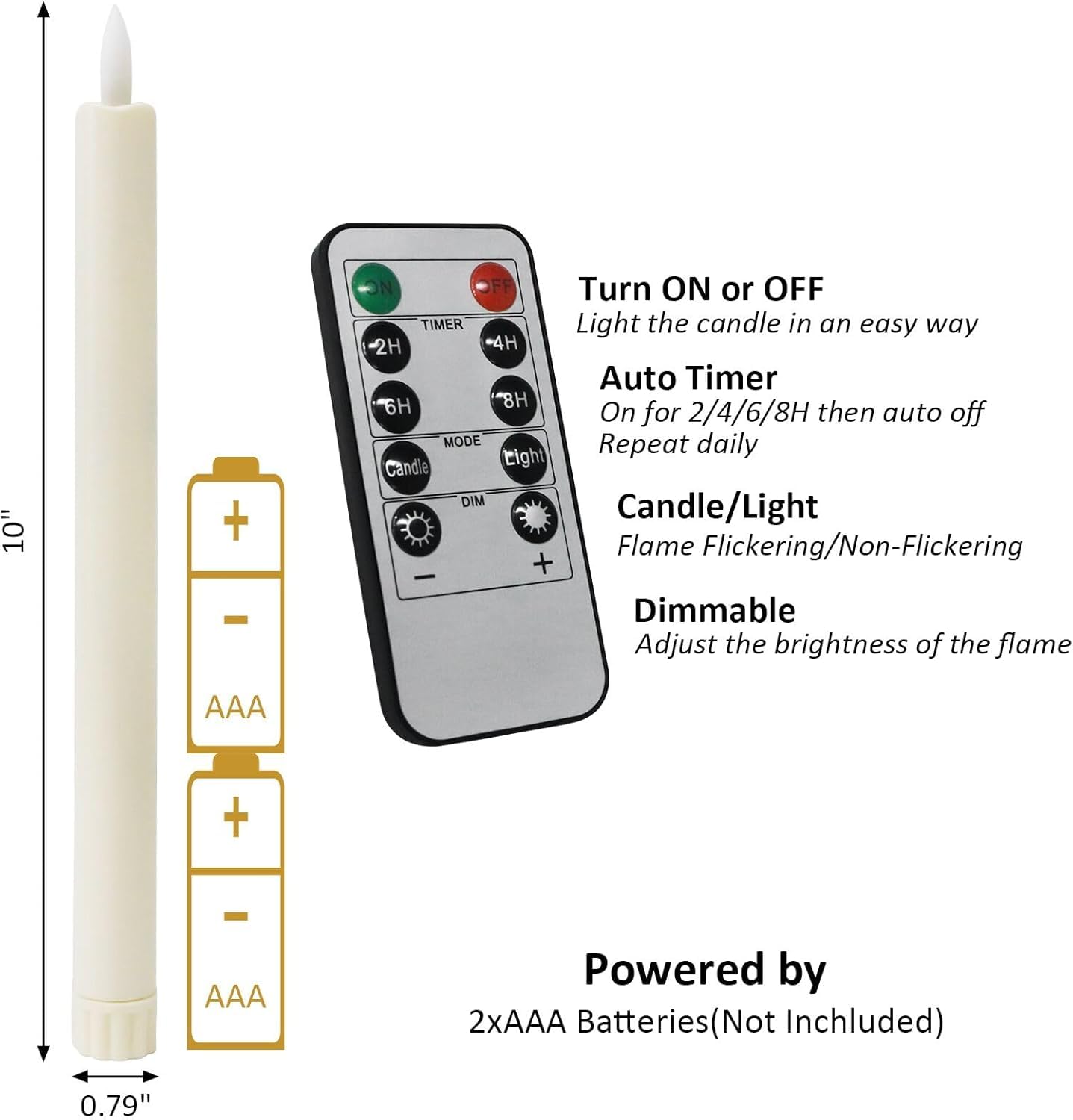 Sunjas 12PCS Flameless Taper Candles with 3D Flickering Flame Battery Operated Candles with 2 Remote with Button Cell Battery 10 Inch Ivory LED Candlesticks Window Candle for Christmas Home Decor