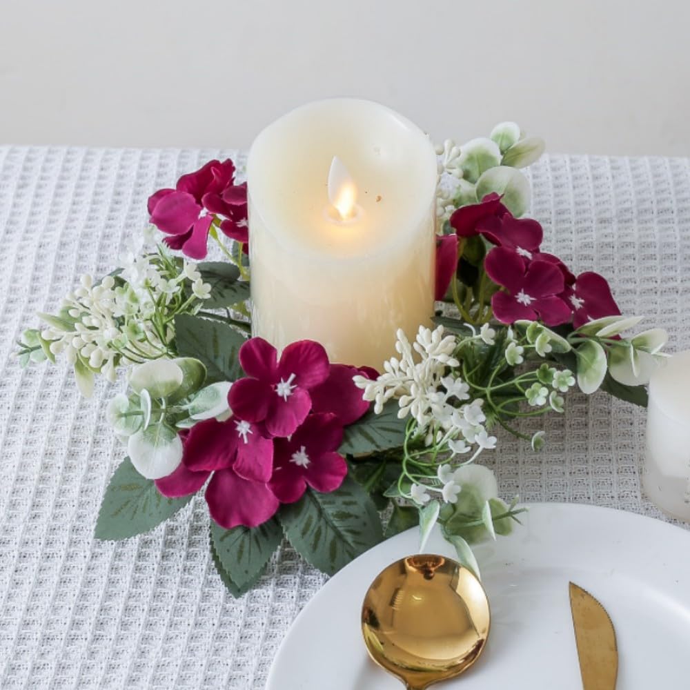 2 Pack Spring Candle Rings Artificial Hydrangea Eucalyptus Leaves Wreaths Small Boho Wreath Pillar Candle Holder for Wedding Home Door Tabletop Valentine's Day Decoration (Red)