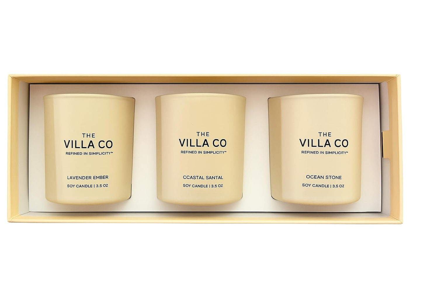 The Villa Co - 3 Candle Luxe Box Gift Set | Ocean Stone | Lavender Ember | Coastal Santal | 3.5oz Each | Poured in The USA |