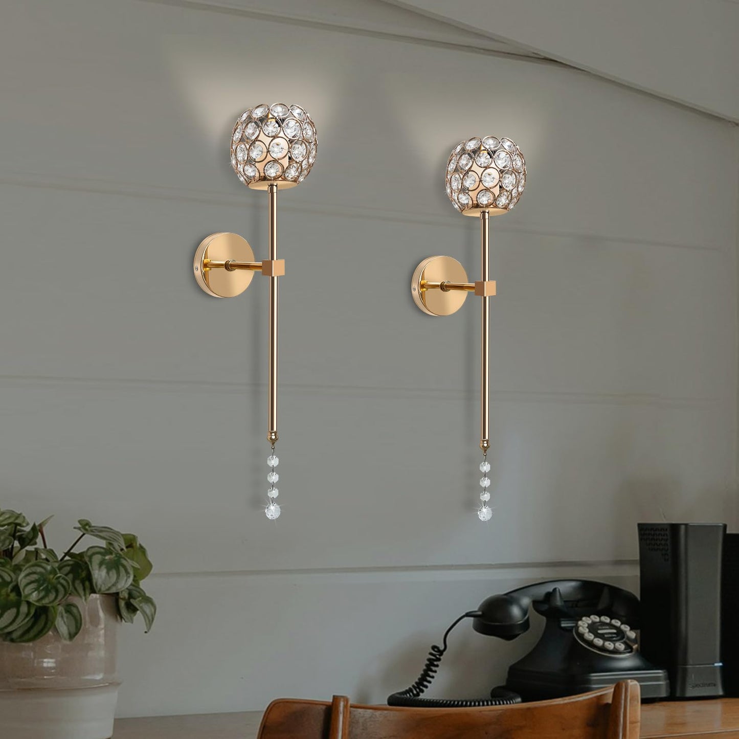 Crystal Candle Sconces for Wall Decorative Long Candle Holder Sconce Wall Art Home Decor for Bedroom Living Dining Room, Set of 2-Gold