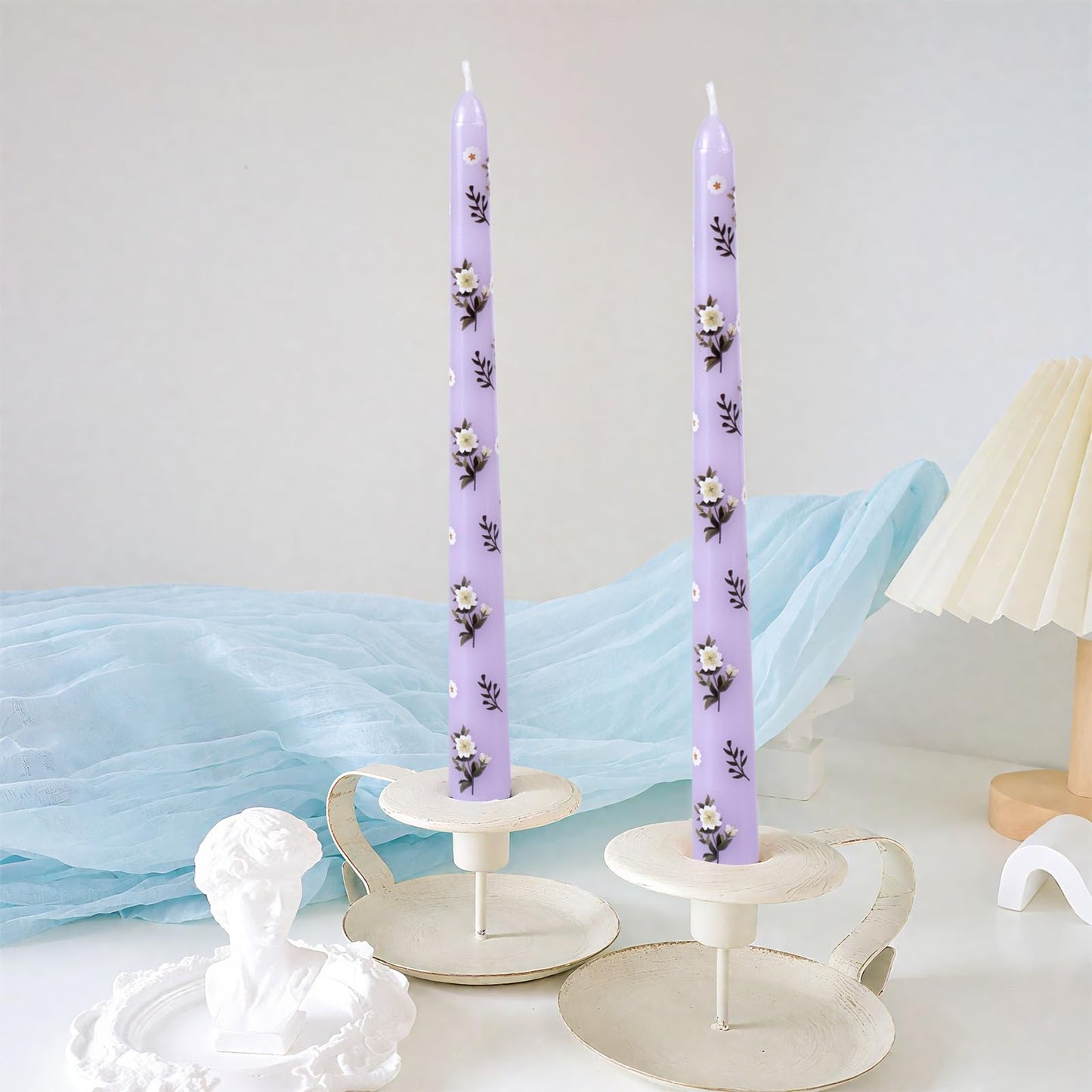Taper Candles,10 inch 2pc Purple Tapered Candles with Camellia Printed, Unscented and Smokeless Long Burning Candles,Tall Candlesticks with Cotton Wicks,Ideal for Weddings, Home Décor
